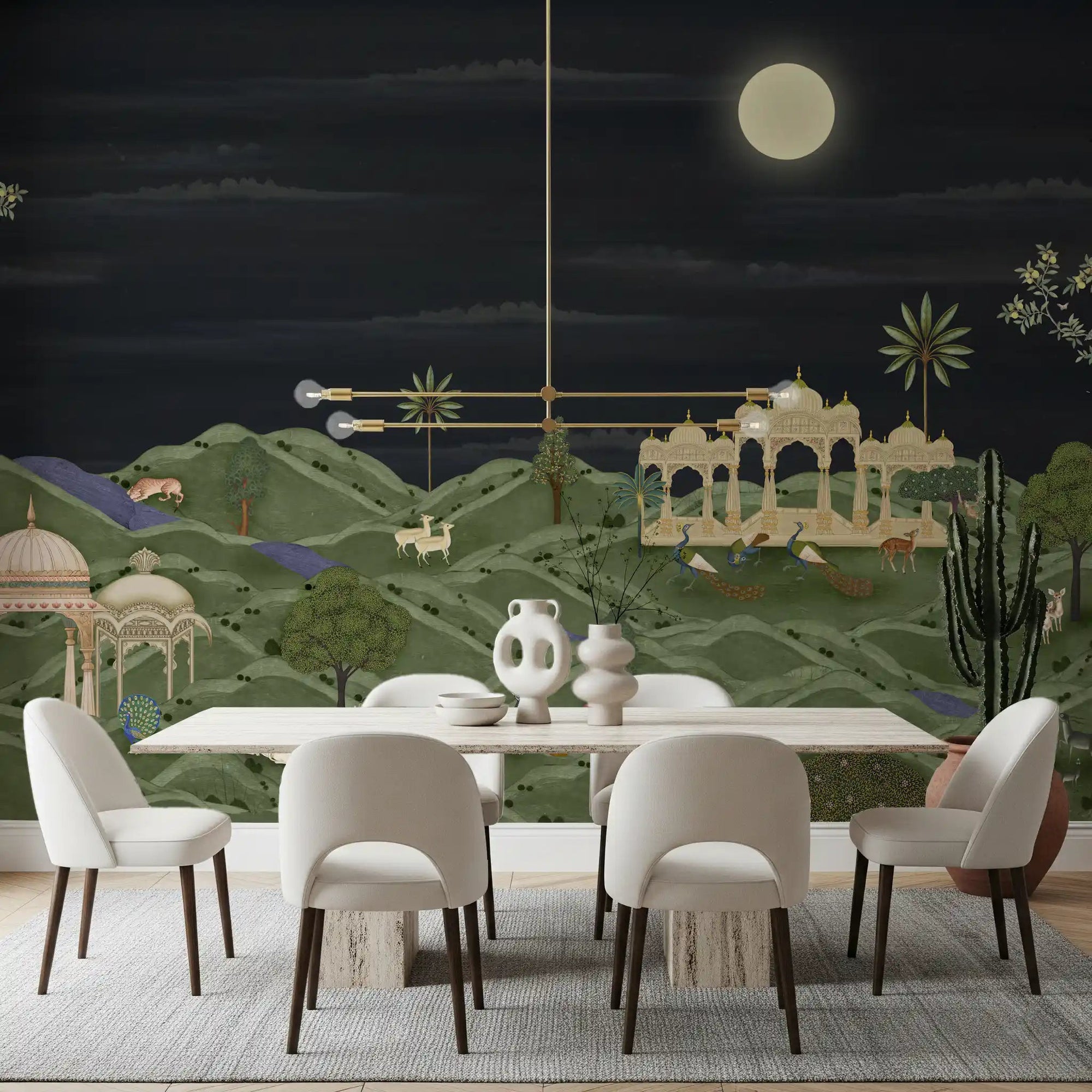 Moonlit Palace Garden Wall Mural behind a white dining set in a bright dining room, GD8950