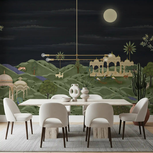 Moonlit Palace Garden Wall Mural behind a white dining set in a bright dining room