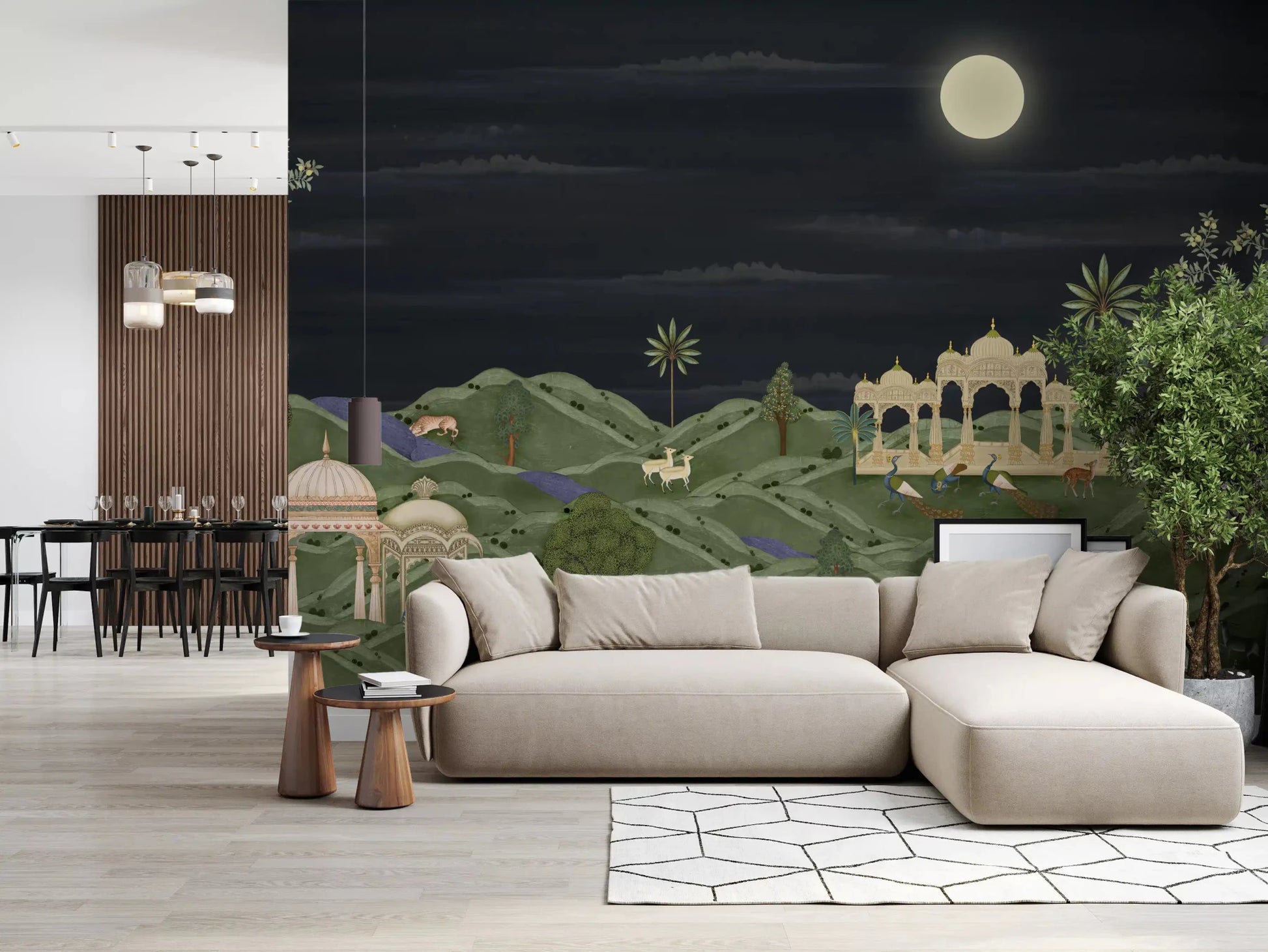 Dark lounge interior opened up with Moonlit Palace Garden Wall Mural scenery, GD8950