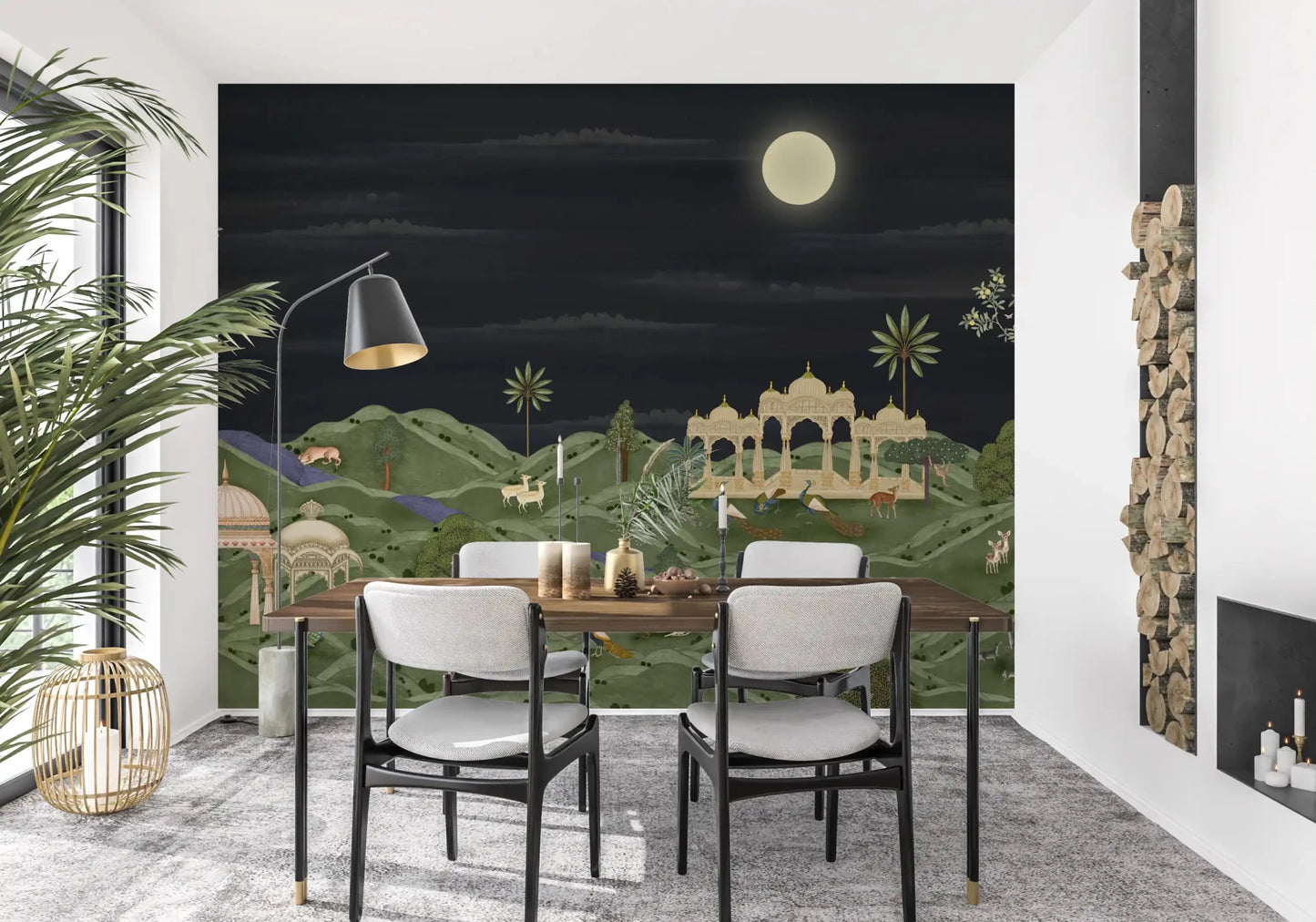 Black chair dining nook framed by Moonlit Palace Garden Wall Mural at night, GD8950
