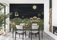 Black chair dining nook framed by Moonlit Palace Garden Wall Mural at night, GD8950
