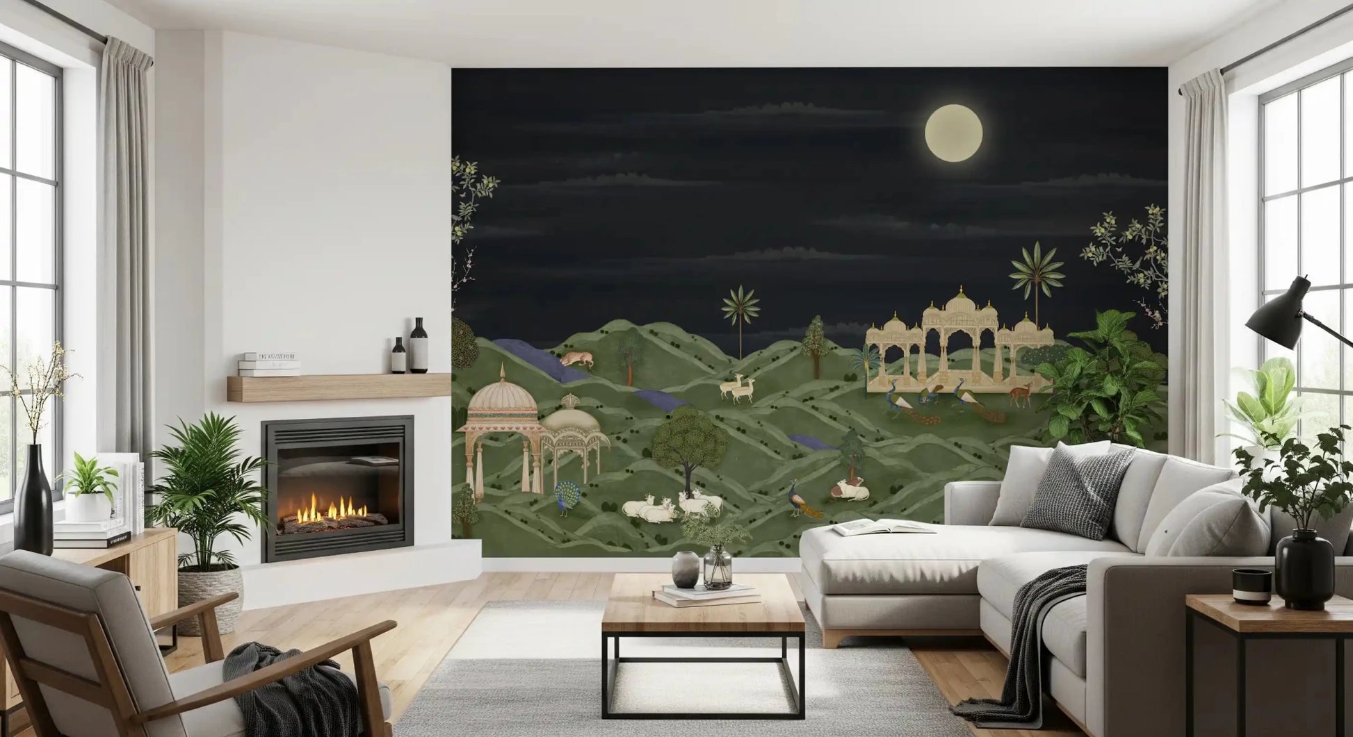 Moonlit Palace Garden Wall Mural behind a cream sofa in a bright modern lounge, GD8950
