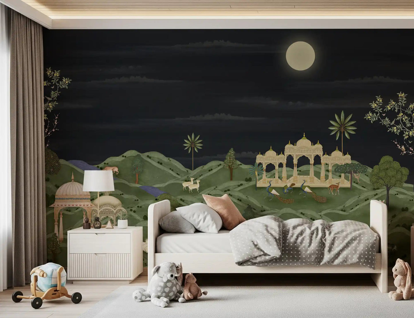 Soft bedroom styled with Moonlit Palace Garden Wall Mural under a glowing full moon, GD8950