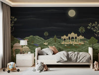 Soft bedroom styled with Moonlit Palace Garden Wall Mural under a glowing full moon, GD8950