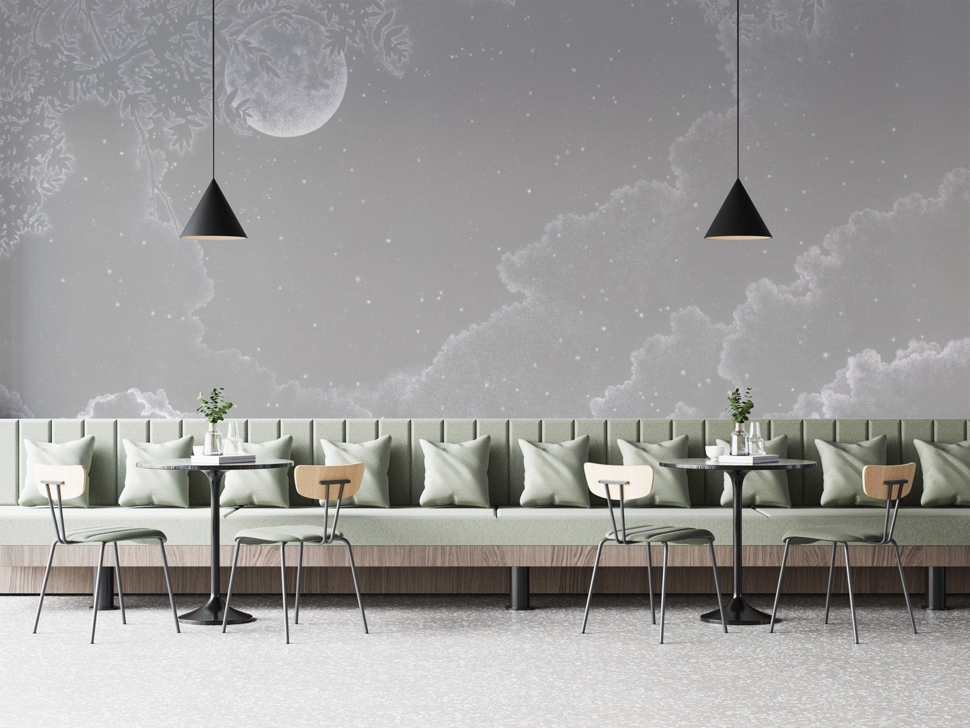 Tranquil Grey Clouds and Stars Mural
