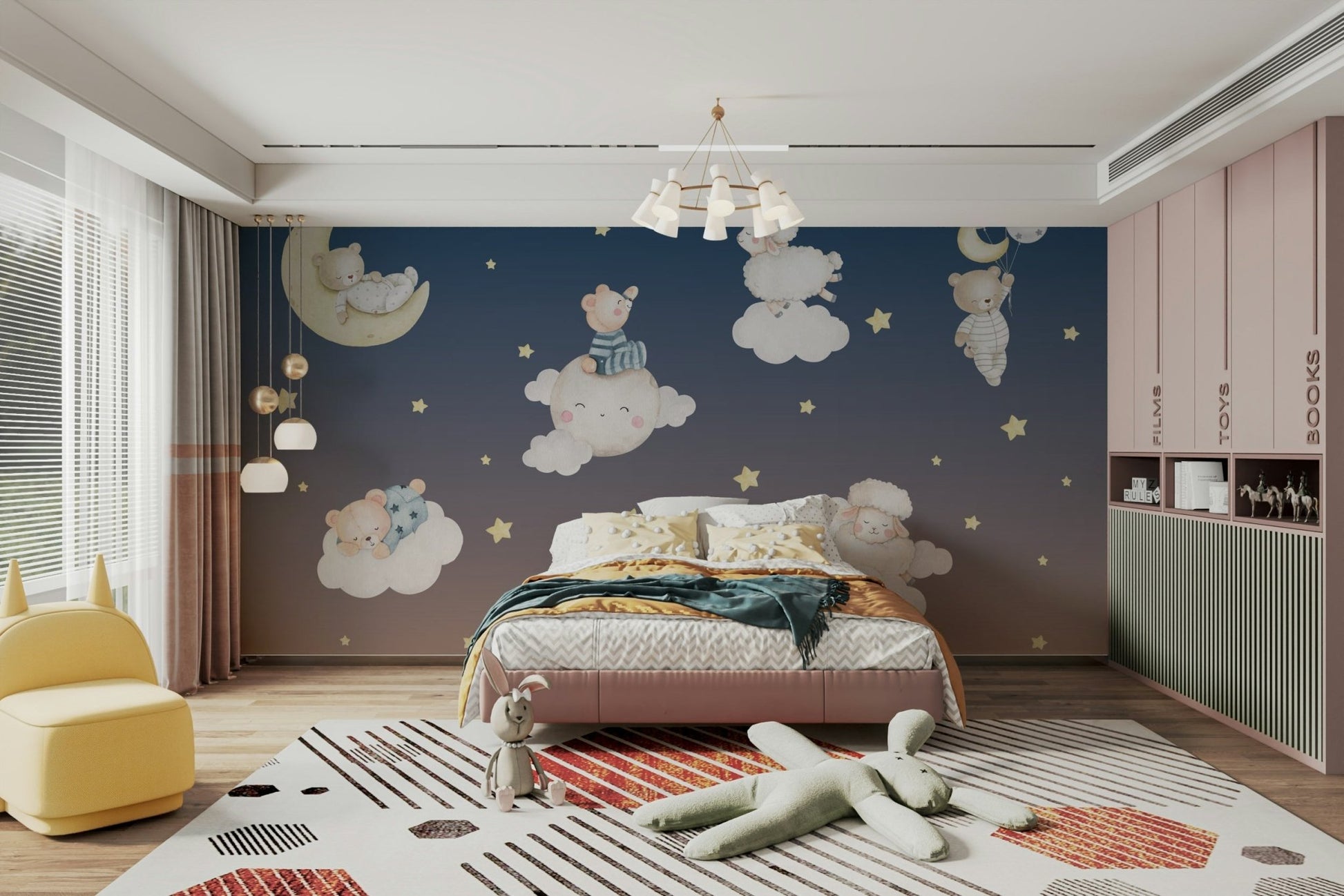 They are lying on fluffy clouds or a soft, grassy hill.

