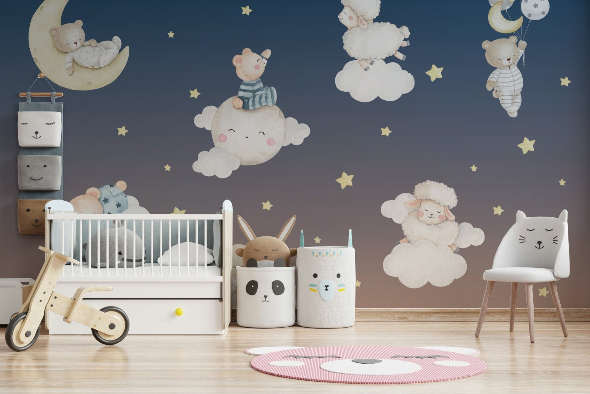 The sky is a dark, dreamy blue with a large, glowing moon.

