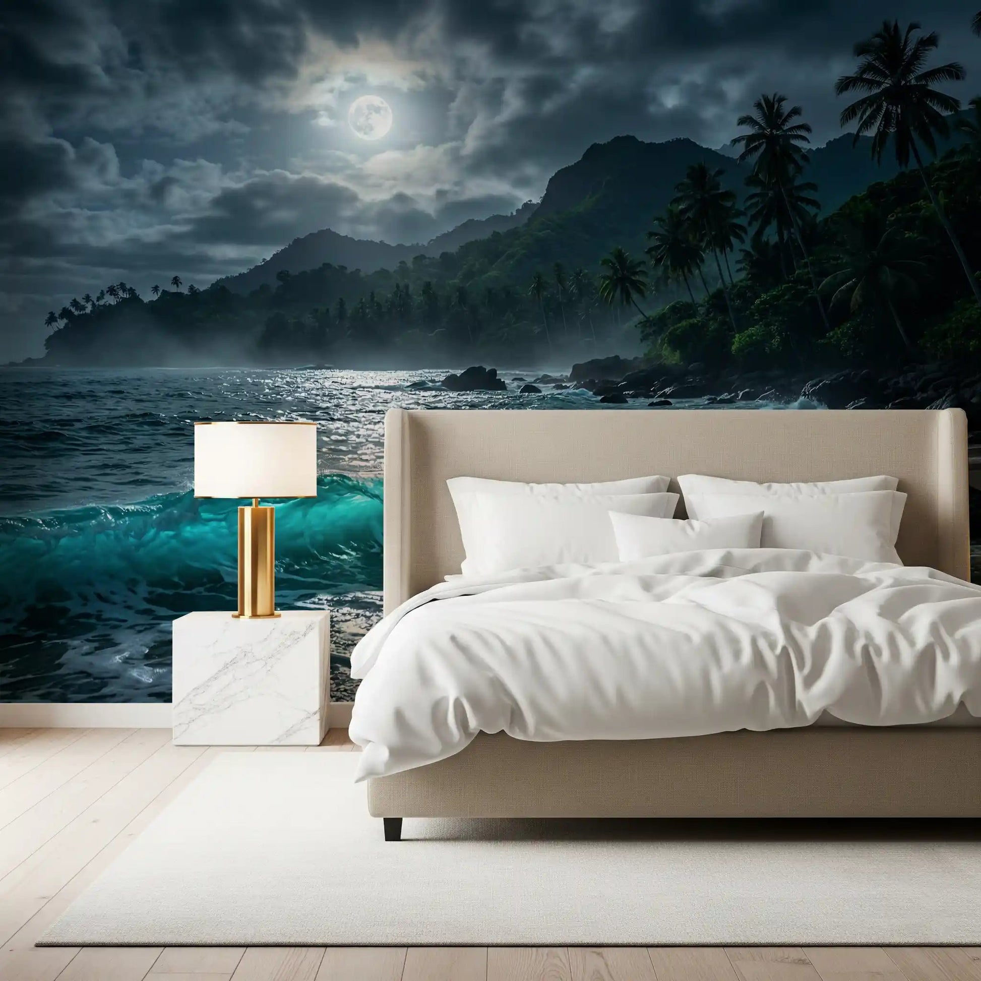 Soft bedroom setting featuring Moonlit Tropics Wall Mural behind the bed