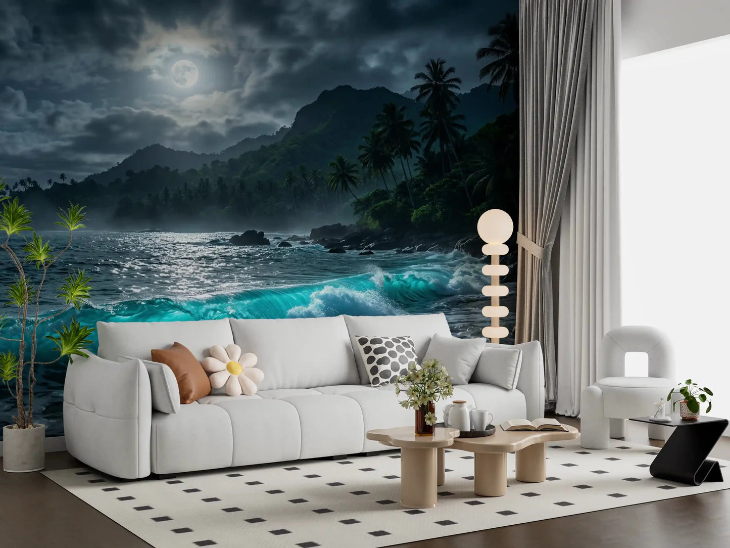 White sofa living area centred on Moonlit Tropics Wall Mural and moonlit waves
