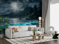 White sofa living area centred on Moonlit Tropics Wall Mural and moonlit waves