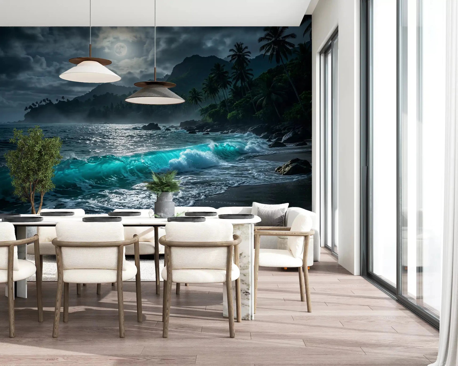 Sunlit dining space paired with Moonlit Tropics Wall Mural by tall grid windows