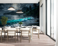 Sunlit dining space paired with Moonlit Tropics Wall Mural by tall grid windows