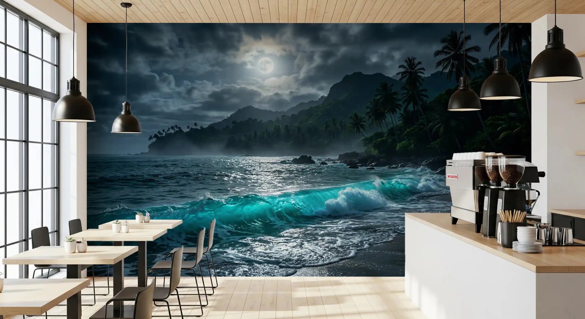 Moonlit Tropics Wall Mural bringing coastal depth to a sleek open kitchen