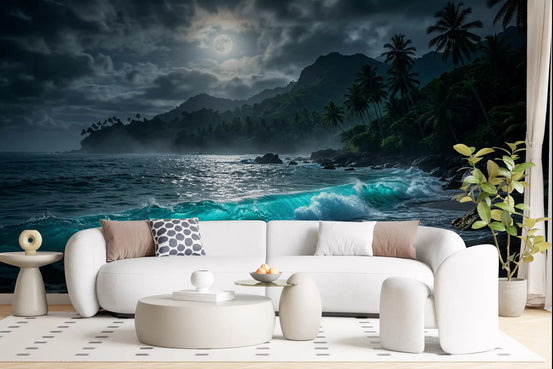 Curved sofa lounge with Moonlit Tropics Wall Mural as the striking backdrop, GD8924