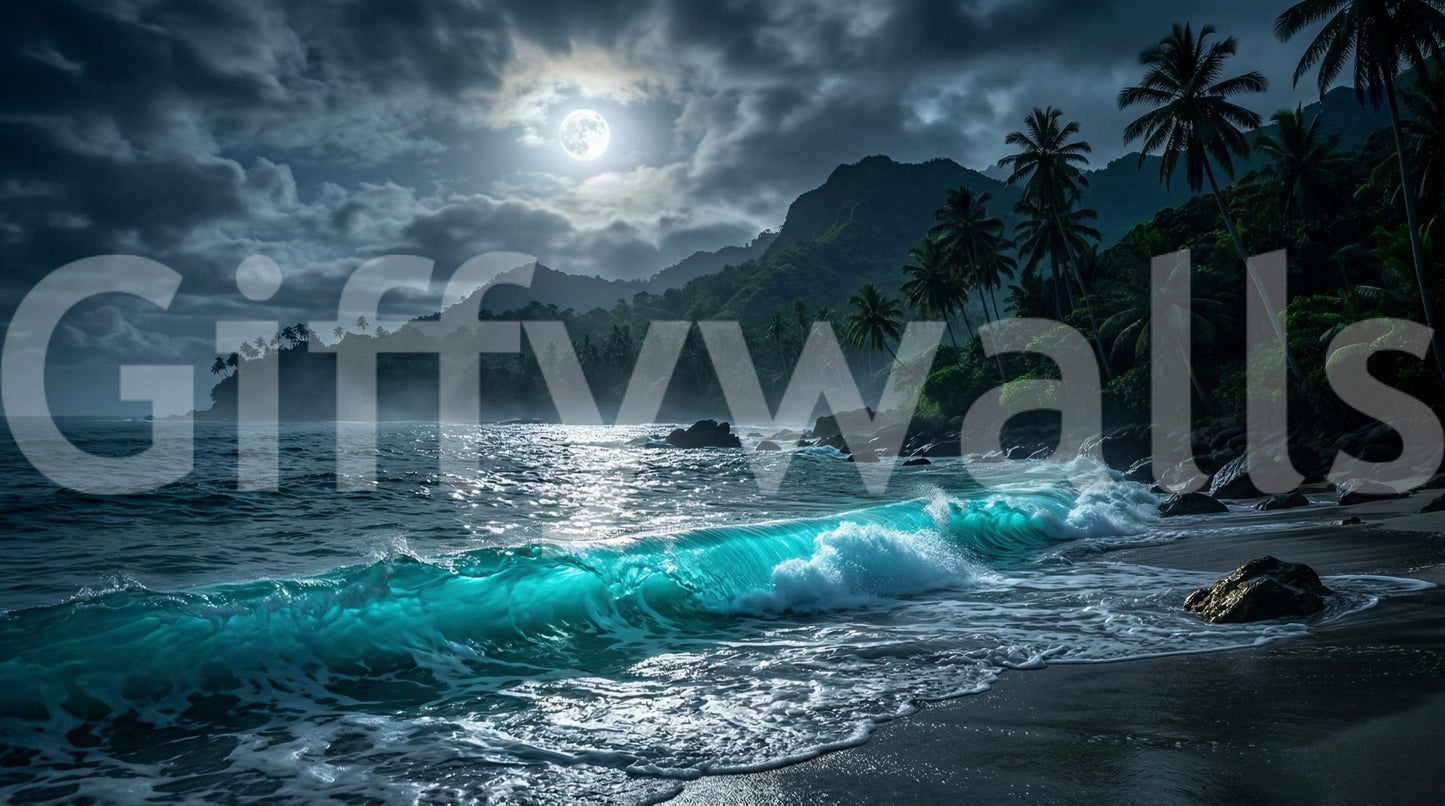 Moonlit Tropics Wall Mural with glowing turquoise wave, palms, and full moon sky