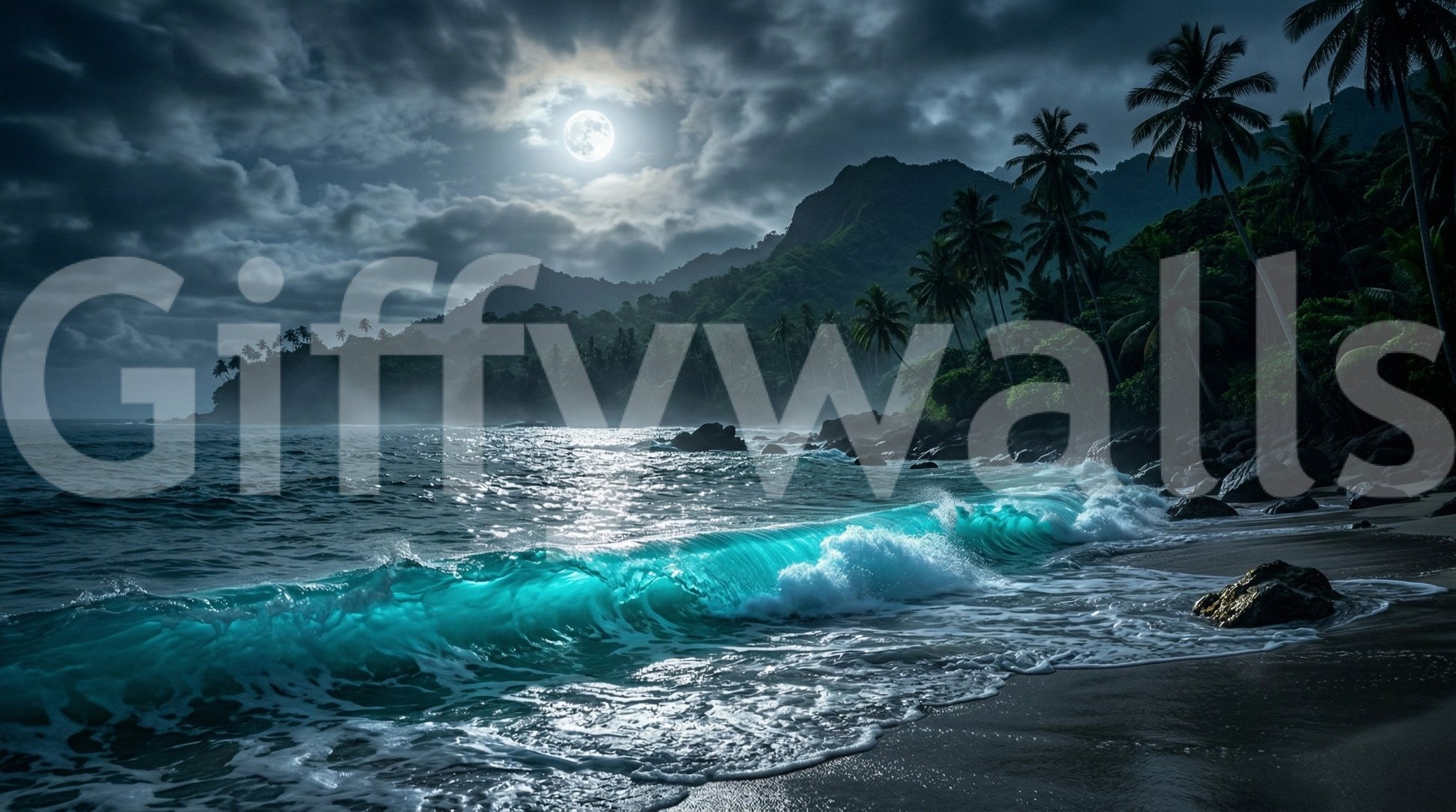 Moonlit Tropics Wall Mural with glowing turquoise wave, palms, and full moon sky