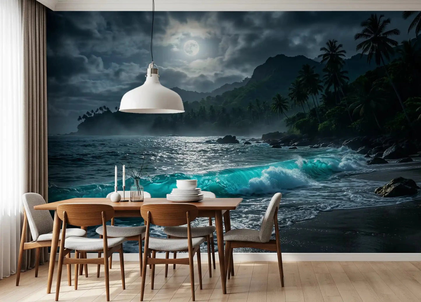 Dining corner styled with Moonlit Tropics Wall Mural and a white pendant light