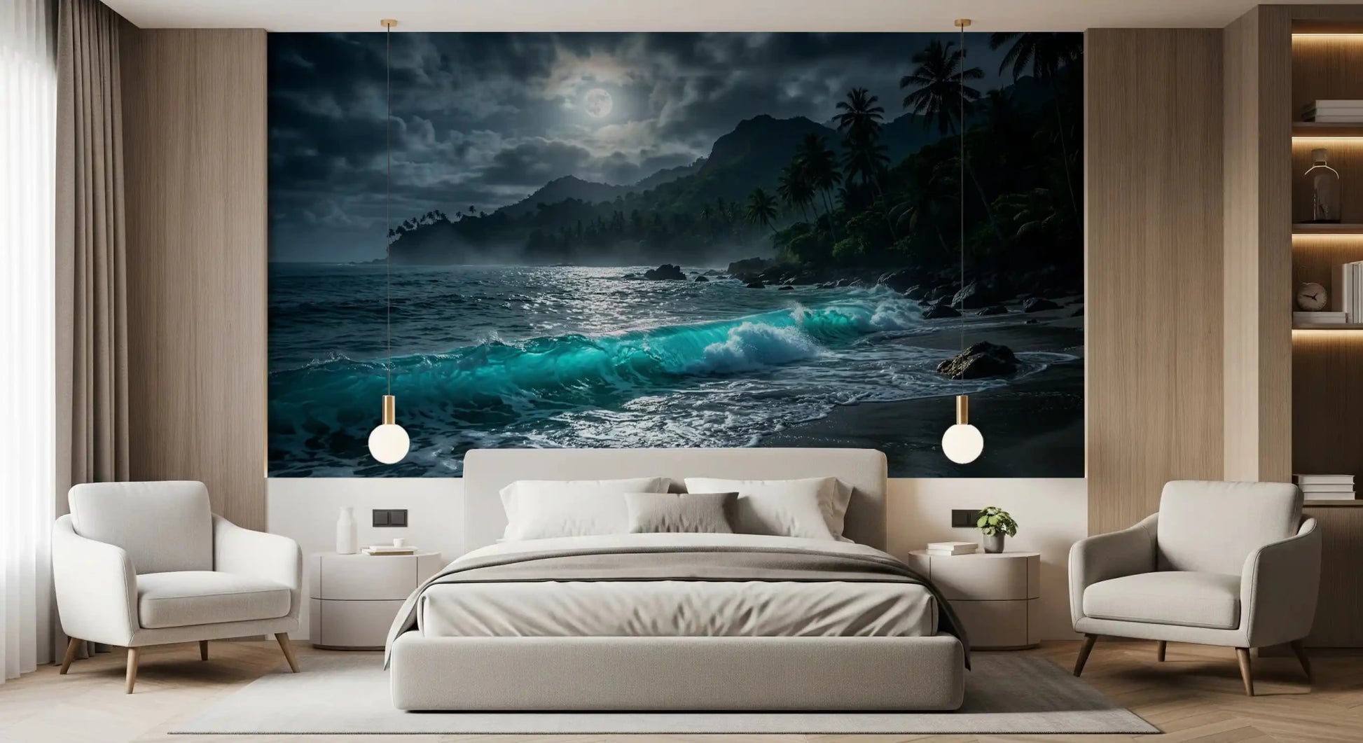 Warm bedroom with Moonlit Tropics Wall Mural framed by wood shelving details