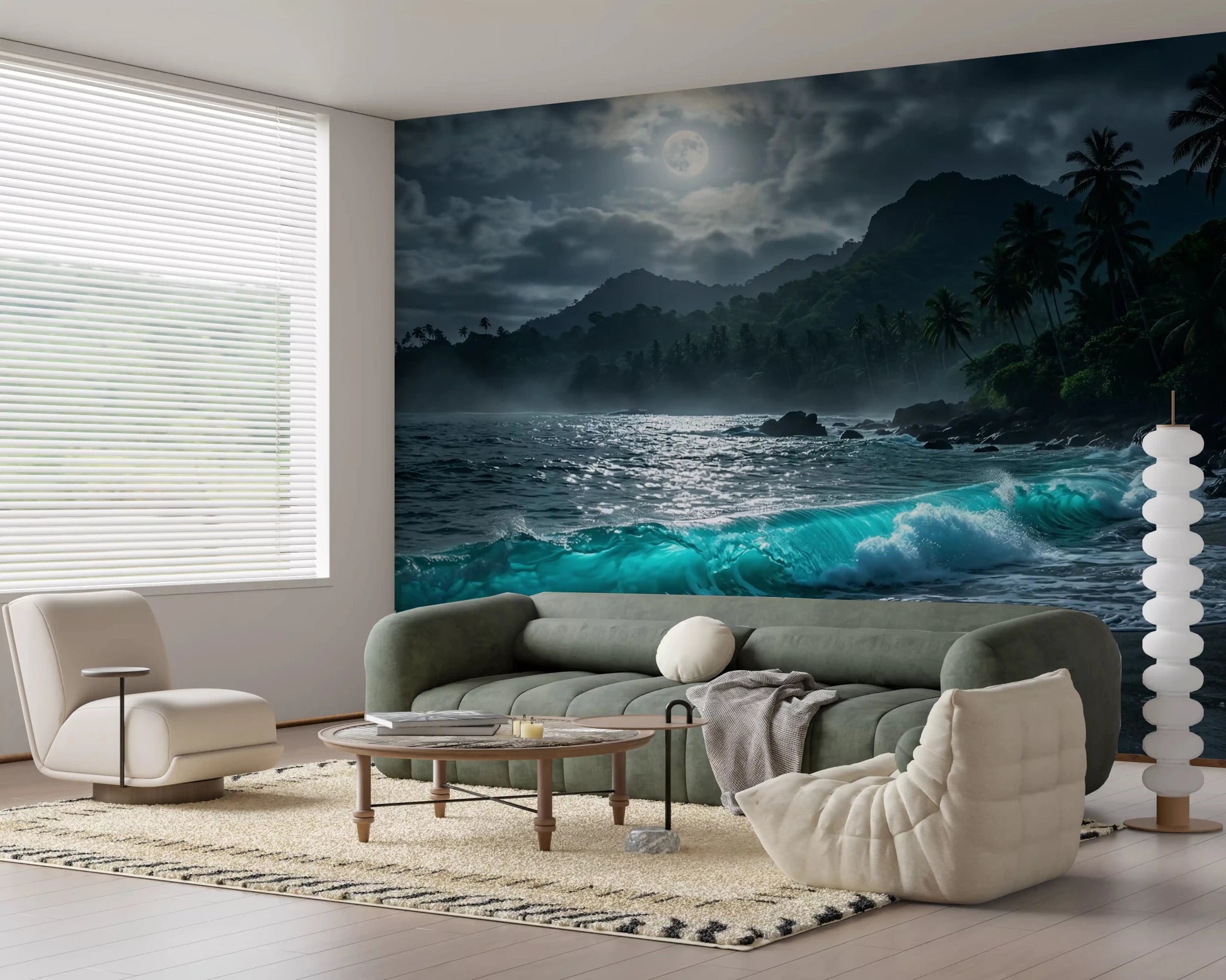 Restful Living room featuring Moonlit Tropics Wall Mural above soft neutral 
