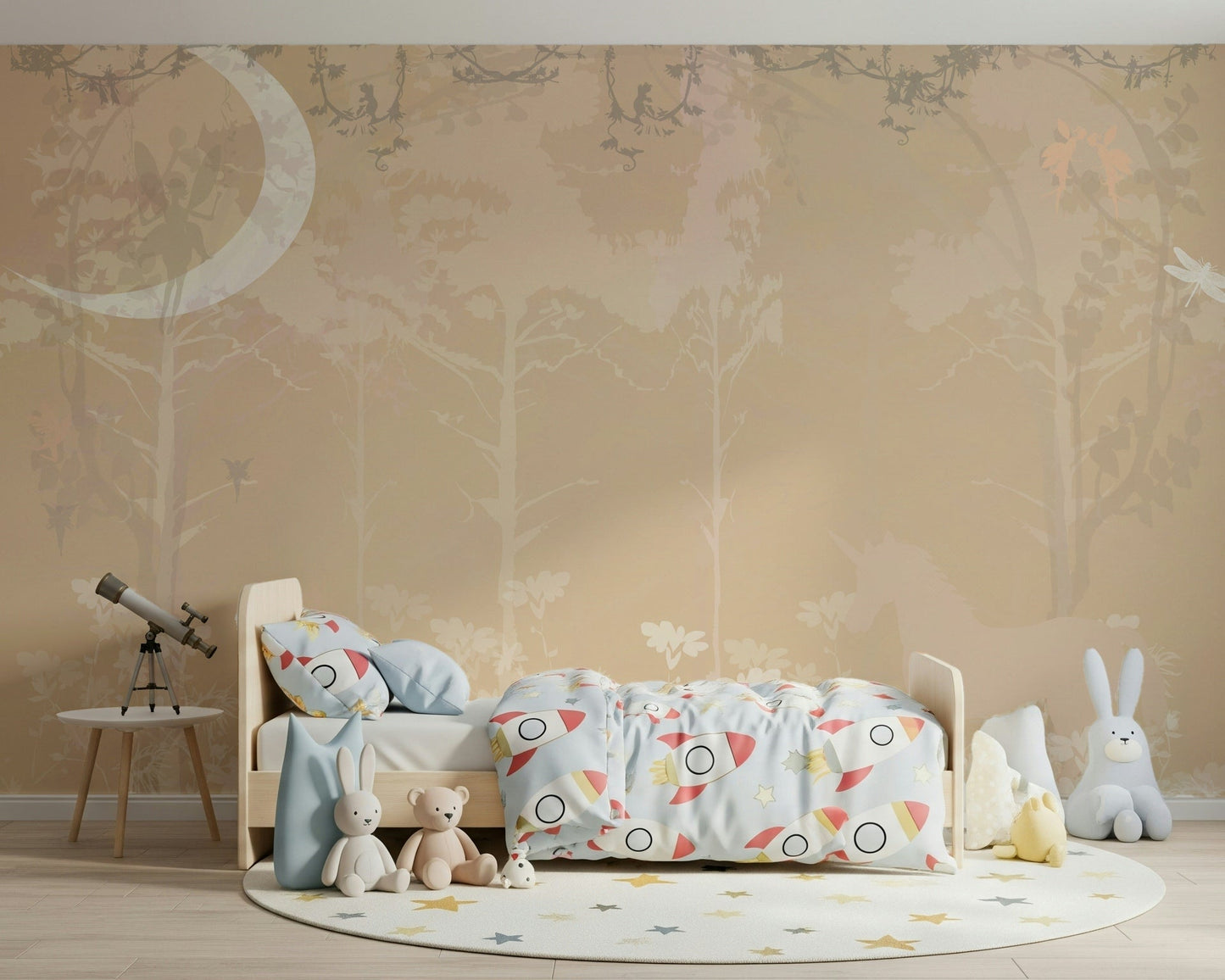 A peaceful woodland vista mural on decorative wallpaper.