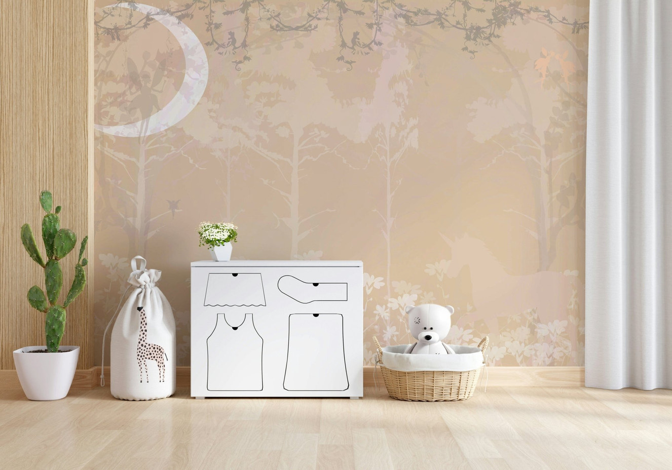 A beautiful moonlit unicorn wallpaper mural for a whimsical space.