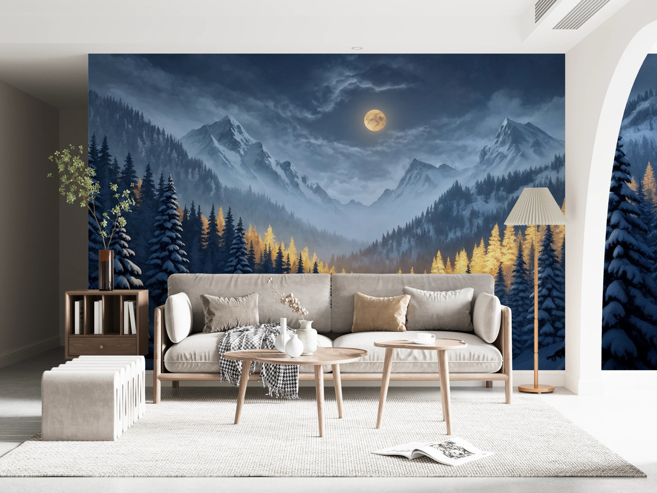 Moonlit Winterscape Wall Mural in modern living room