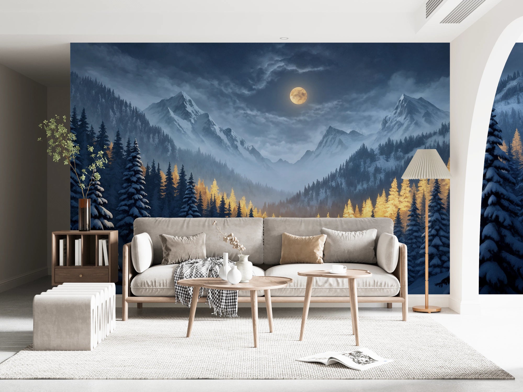 Moonlit Winterscape Wall Mural in modern living room, GD8205