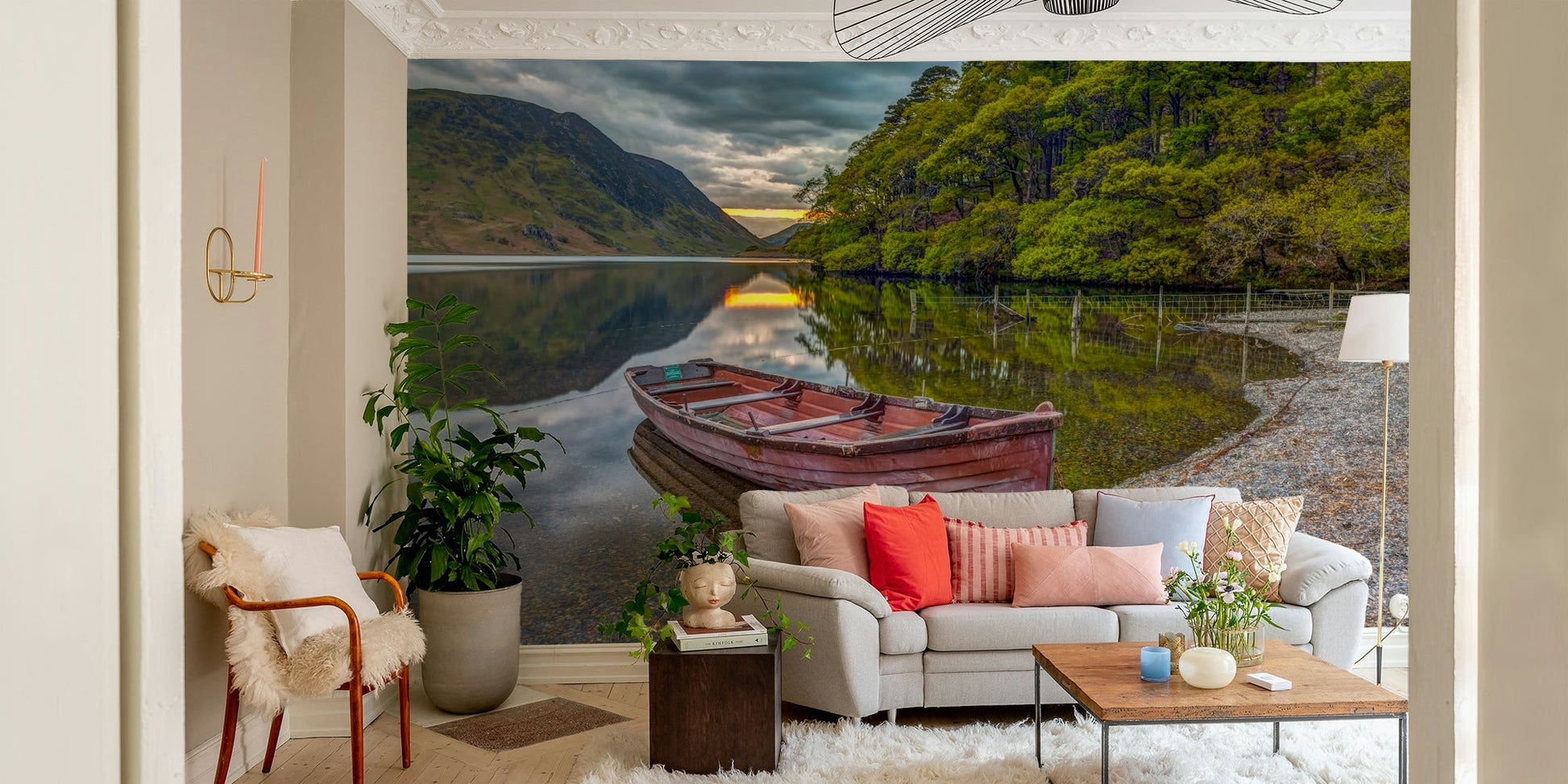 The water is calm and reflects the sky and trees.

