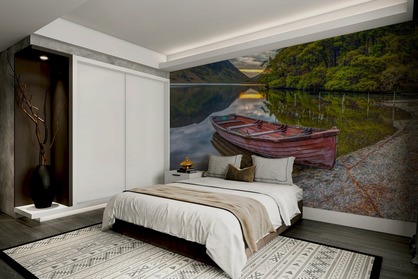 The sky is cloudy, but a soft light from the sunset/sunrise is visible.

