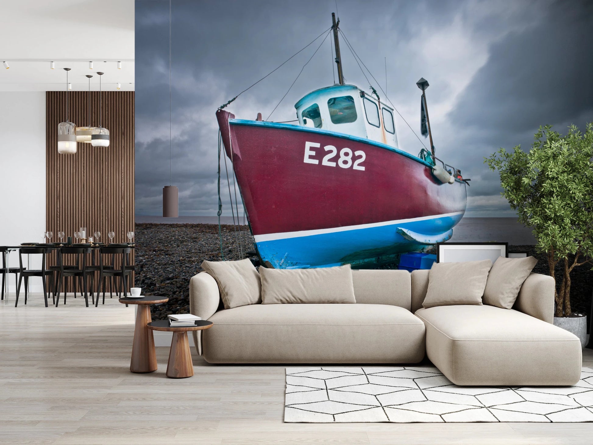 Lounge area backed by Moored in Serenity Wall Mural coastal view, GD8632