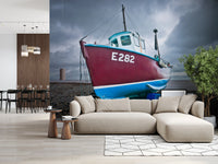 Lounge area backed by Moored in Serenity Wall Mural coastal view, GD8632