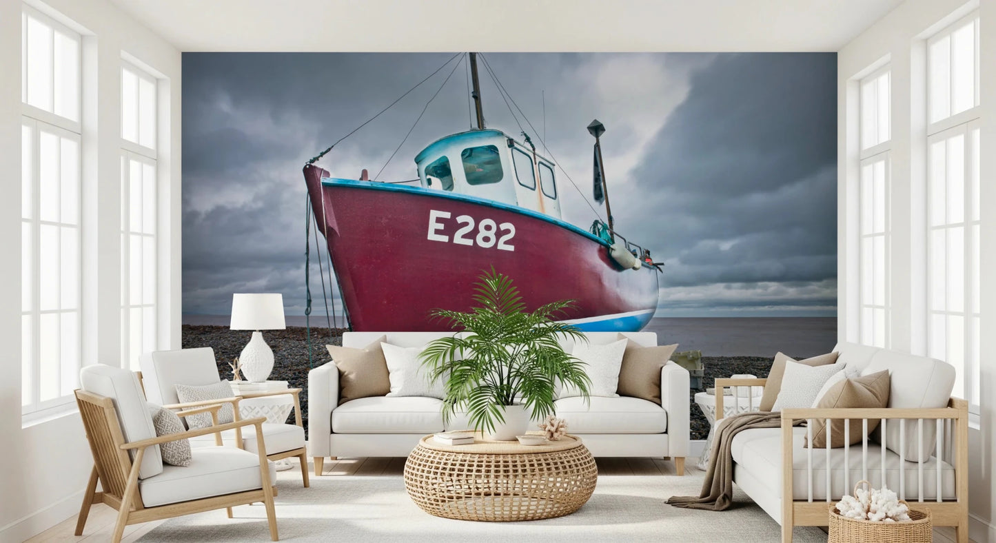 Living room showing Moored in Serenity Wall Mural full wall coverage, GD8632