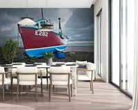 Bright dining space features Moored in Serenity Wall Mural with grounded vessel, GD8632
