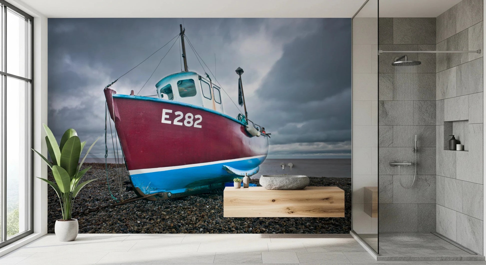 bathroom with bench seating and Moored in Serenity Wall Mural as focal wall, GD8632