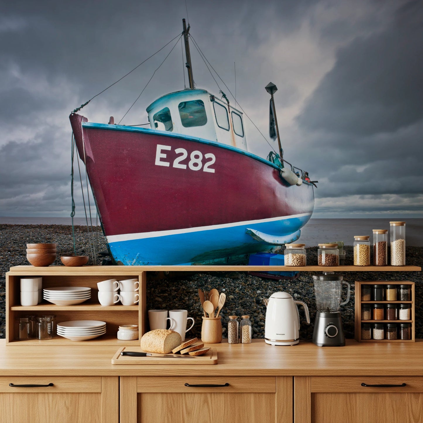 Kitchen counter area backed by Moored in Serenity Wall Mural coastal view, GD8632