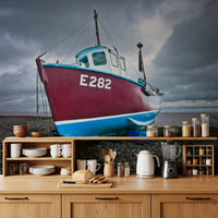 Kitchen counter area backed by Moored in Serenity Wall Mural coastal view, GD8632
