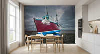 Modern dining setup uses Moored in Serenity Wall Mural with strong boat focus, GD8632