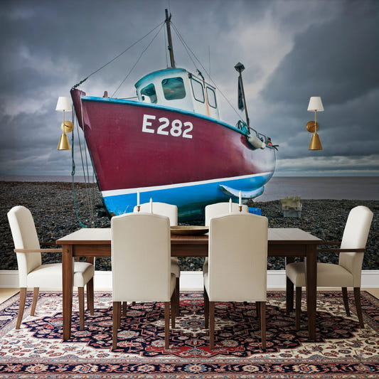 Dining room styled with Moored in Serenity Wall Mural and bold coastal boat scene