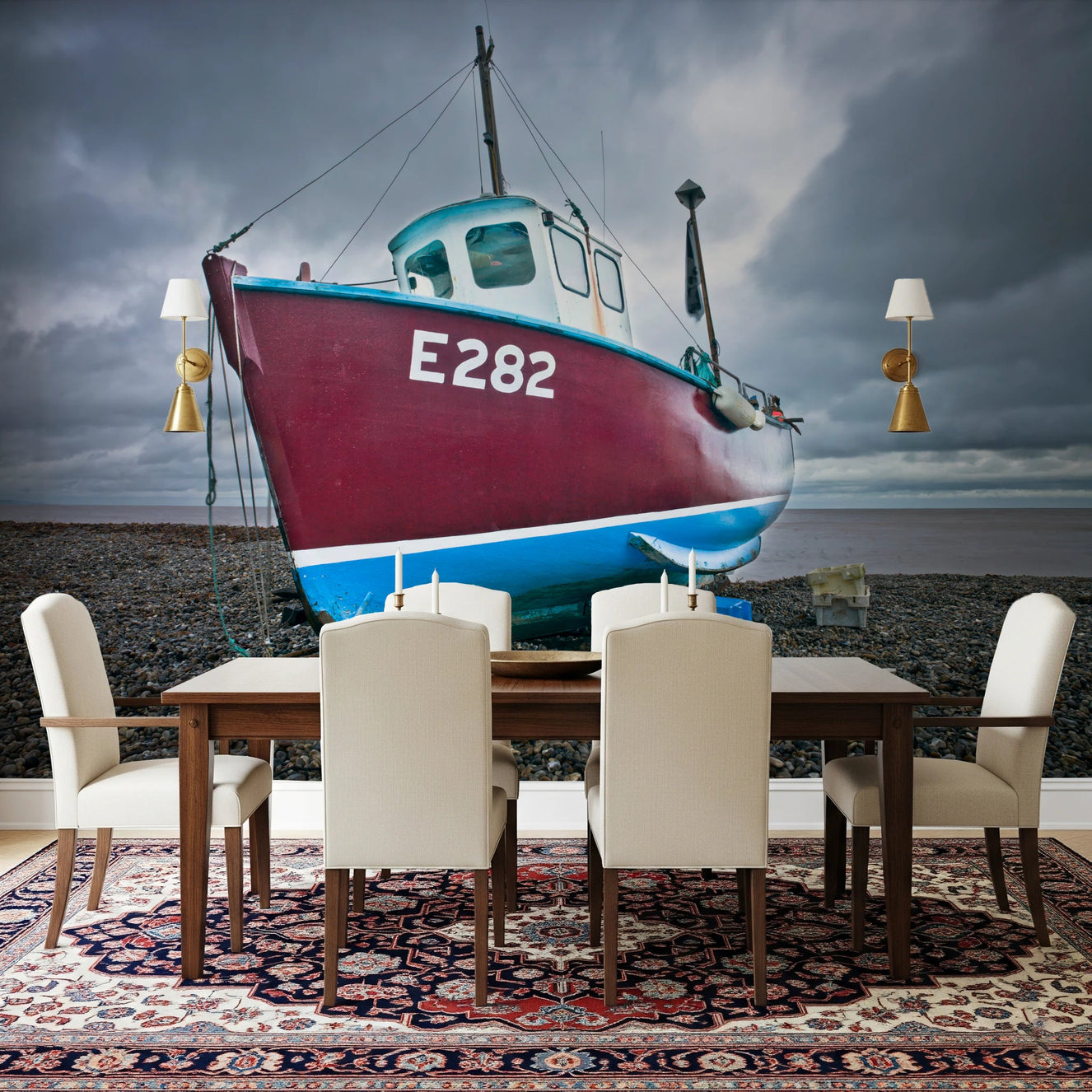 Dining room styled with Moored in Serenity Wall Mural and bold coastal boat scene