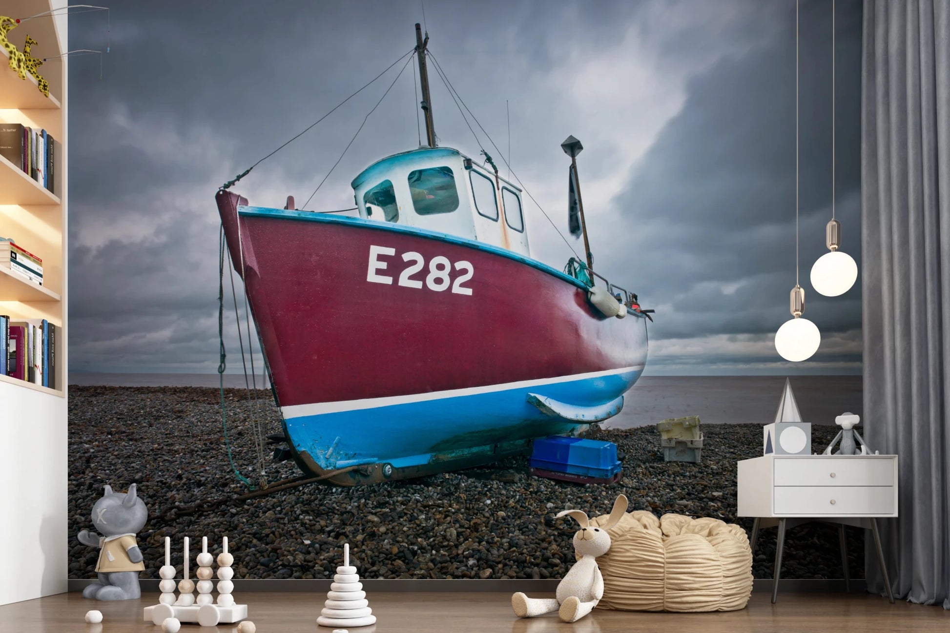 Play area  shows Moored in Serenity Wall Mural with bold boat detail, GD8632