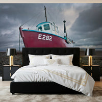 Bed setup with Moored in Serenity Wall Mural placed behind headboard area, GD8632