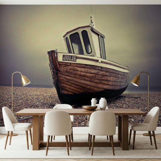 Moored Tranquility Wall Mural in a coastal style living room wallpaper.