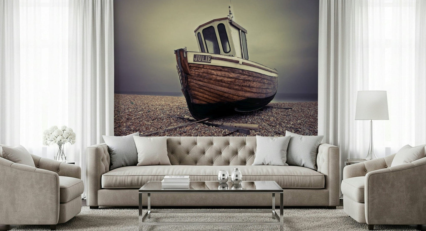 Blue and beige boat design on a textured wall mural for a lounge wallpaper.