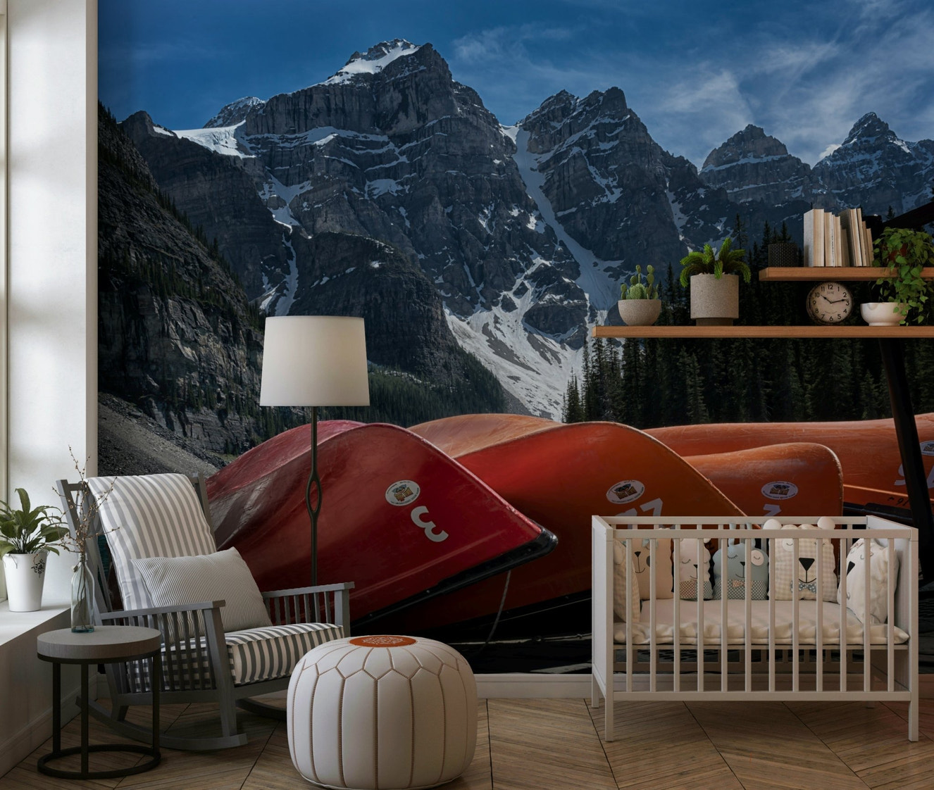 A beautiful panoramic Moraine Lake wallpaper mural featuring vibrant turquoise water and canoes.