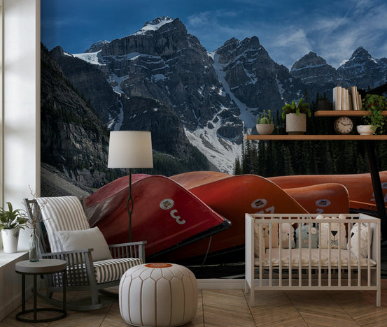 A beautiful panoramic Moraine Lake wallpaper mural featuring vibrant turquoise water and canoes., GD5847