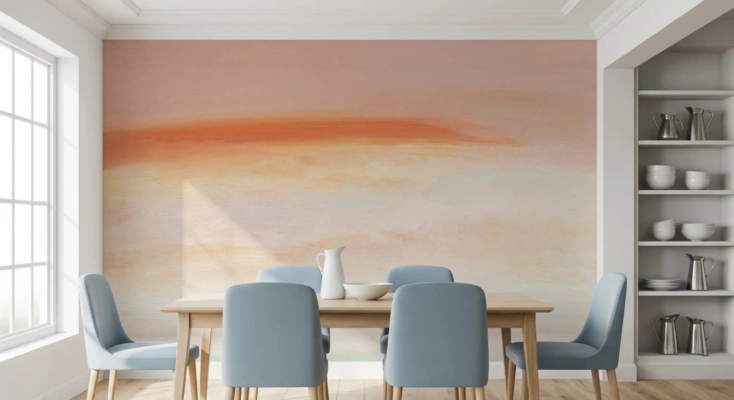 Morning Blush Canvas Wall Mural pattern of soft clouds is featured in this dining space.