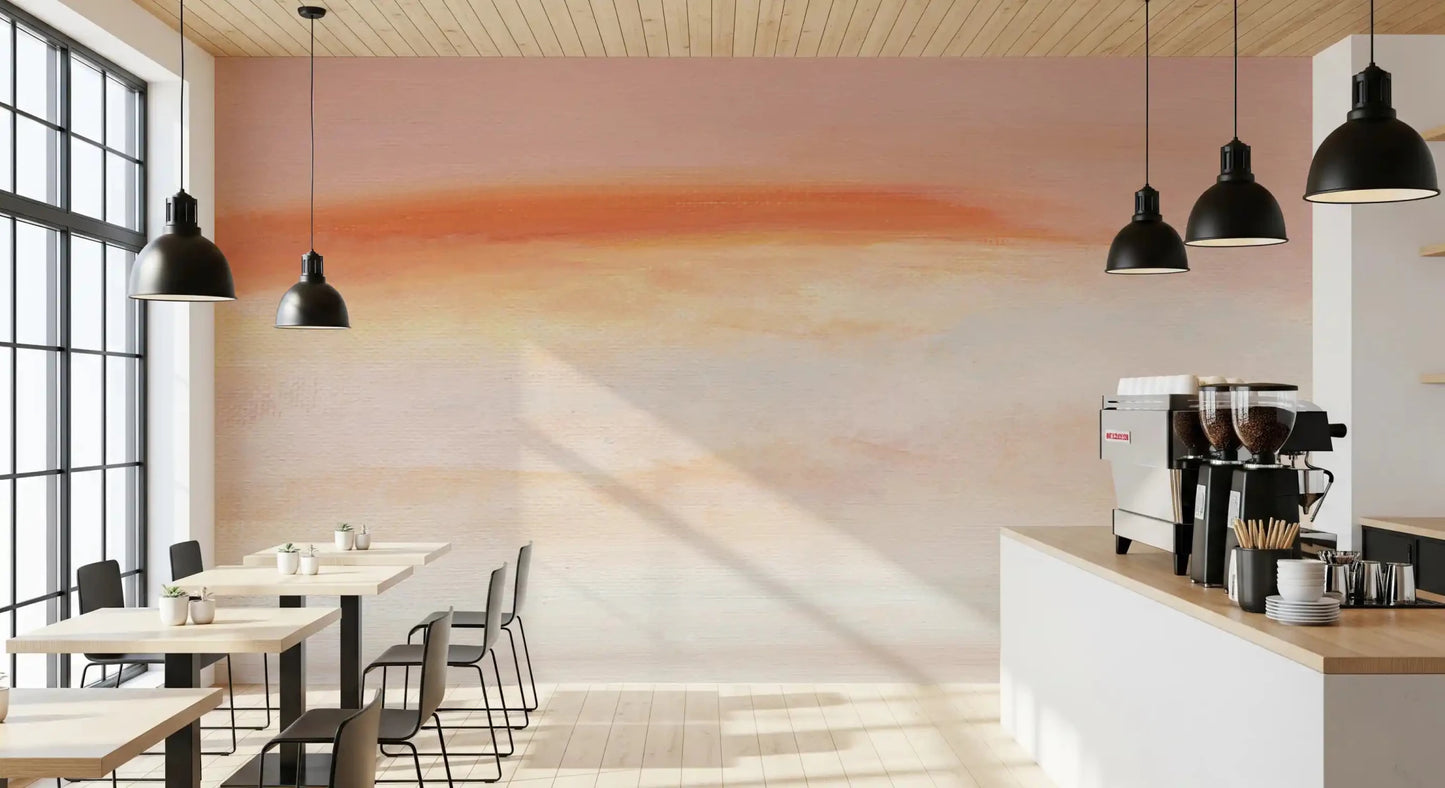 Serene Morning Blush Canvas Wall Mural adds soft color to a cafe interior backdrop.