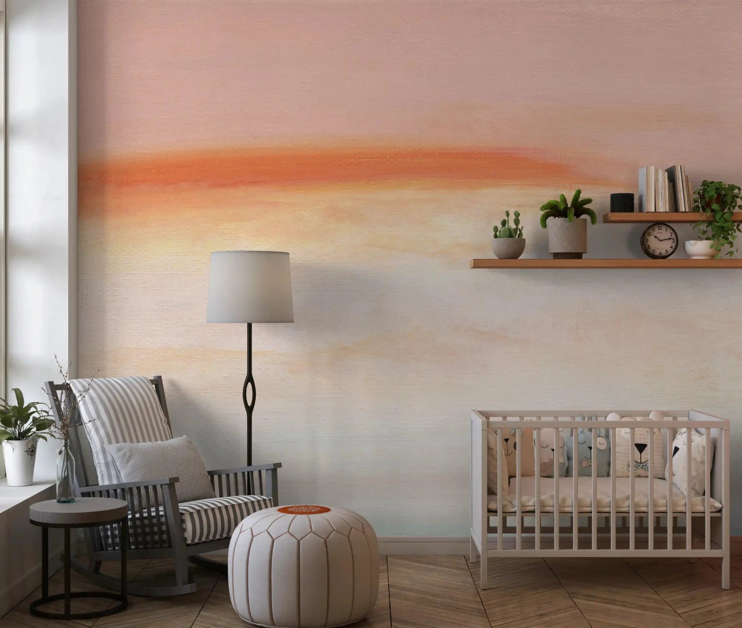 Gentle watercolor blending of the Morning Blush Canvas Wall Mural in a quiet nursery.