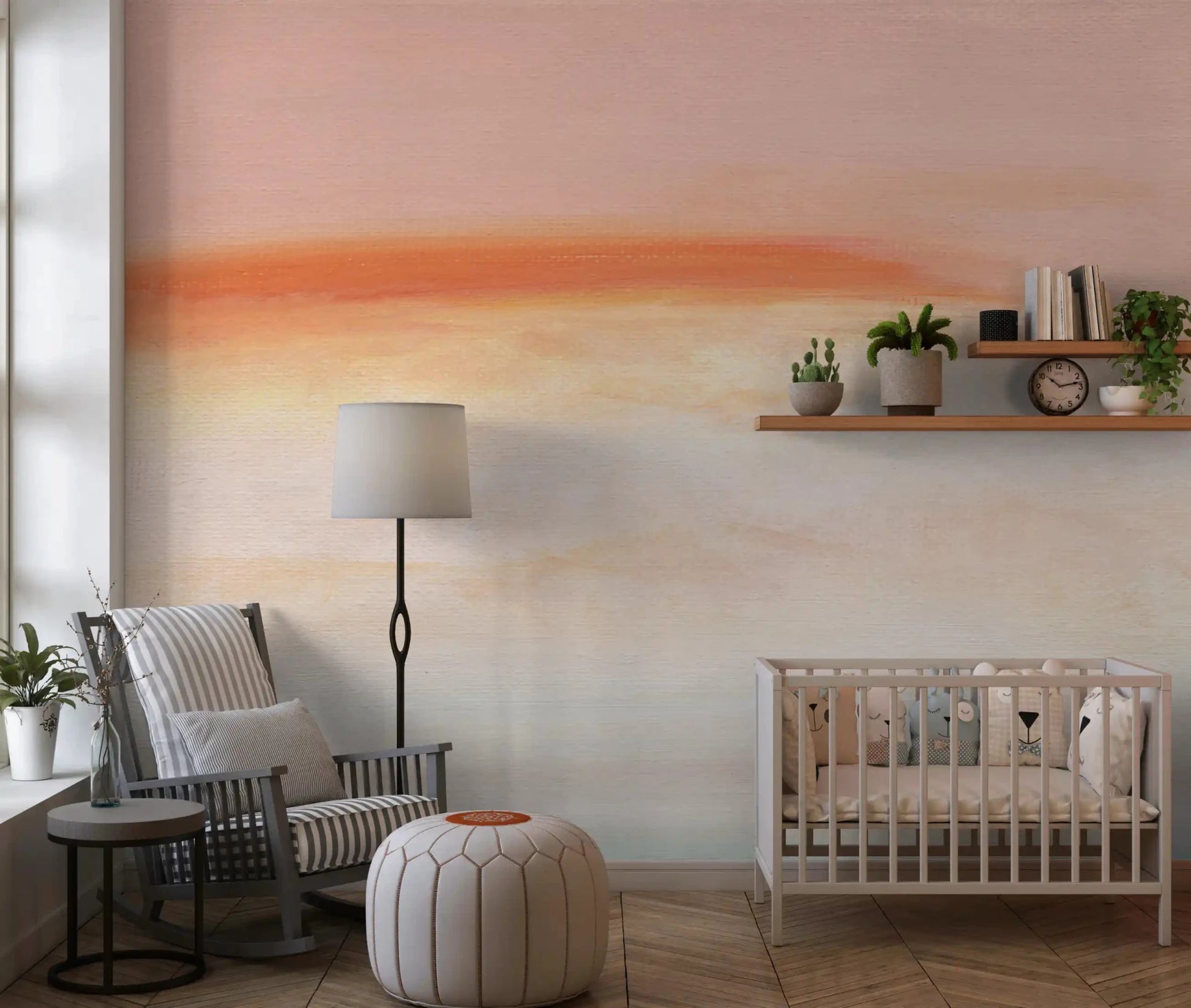 Gentle watercolor blending of the Morning Blush Canvas Wall Mural in a quiet nursery.