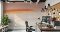Morning Blush Canvas Wall Mural adds painterly rose and peach hues to an office backdrop.